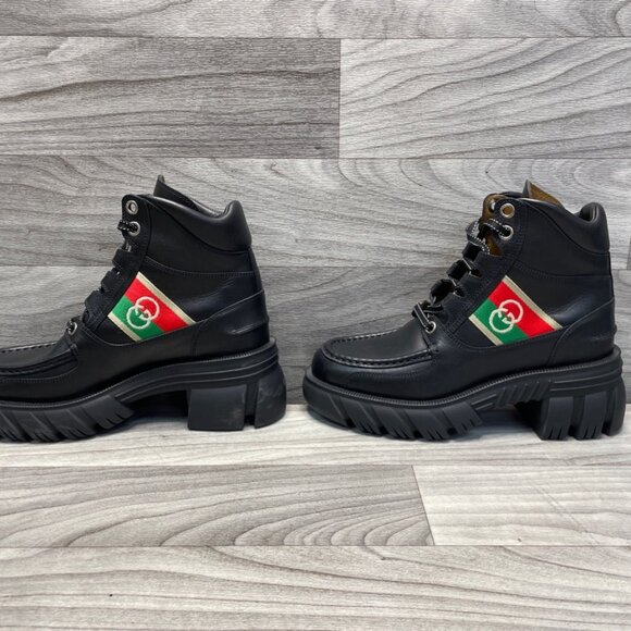 Gucci Quebec Calfskin Web Interlocking G Lace-Up Combat Boots 38 - Picture 4 of 8